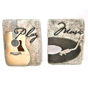 Set Contemporary Music Record Vinyl Turntable Guitar themed Wall Hanging 9x7 in